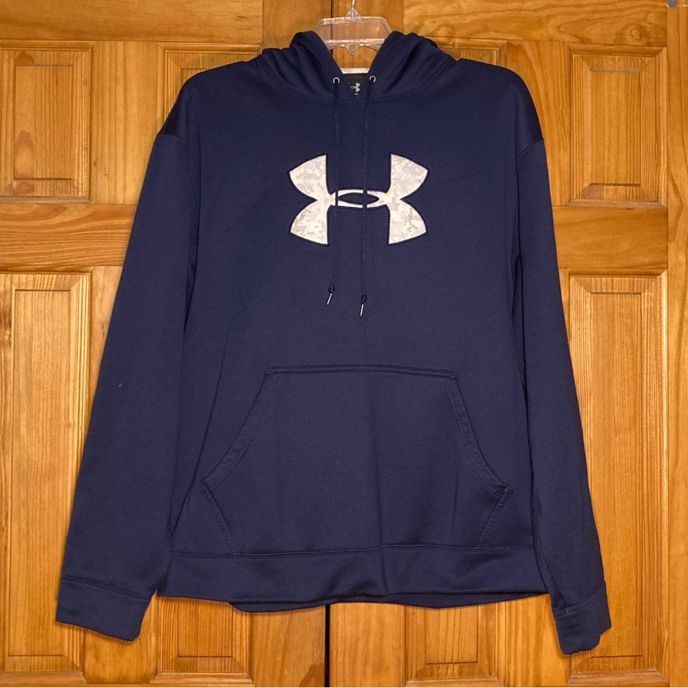 EUC Under Armour Embroidered Large Logo Hoodie Sweatshirt Blue Gray Size XL